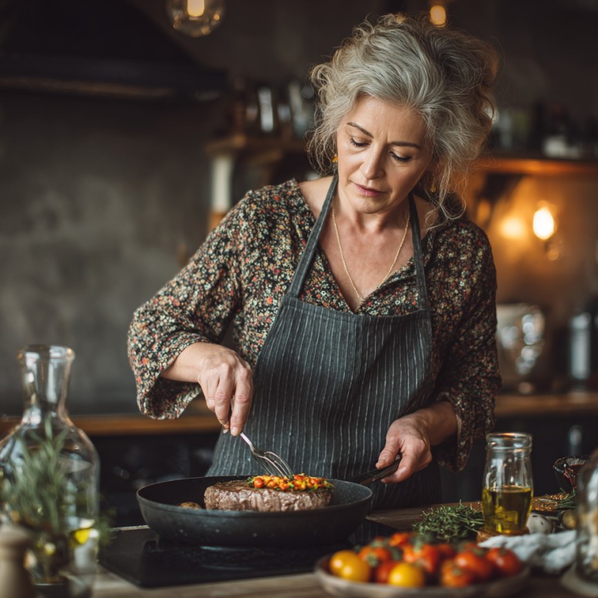 Літня жінка готує здорову їжу